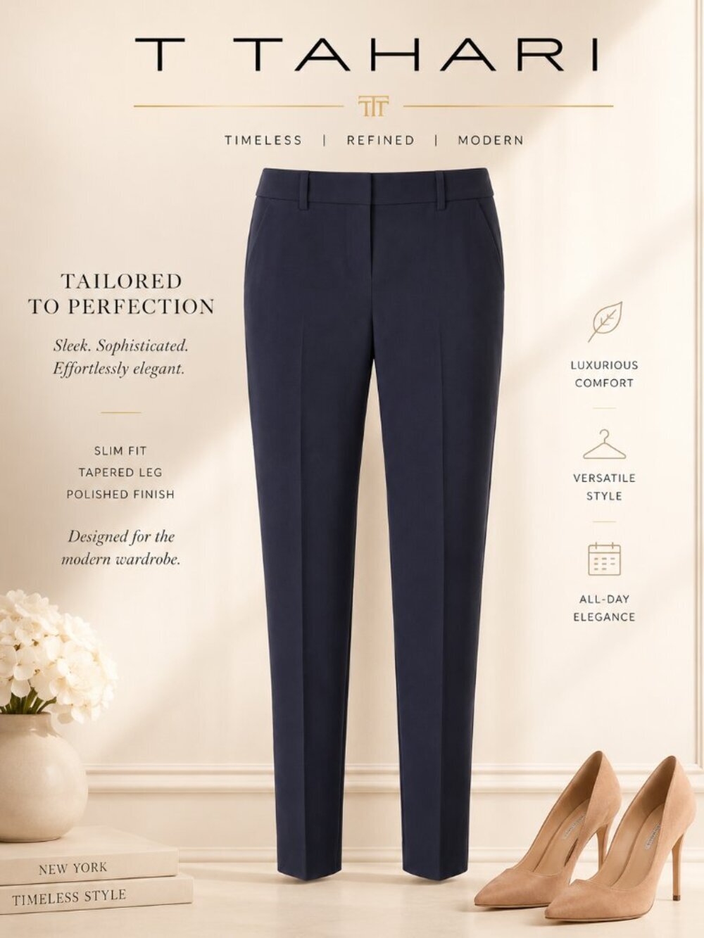 T Tahari Navy Slim Solid Dress Pants Women’s Size 2 Career Workwear Trousers